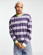 Asos Design Oversized Long Sleeve Ringer Stripe T-shirt In Purple And Green