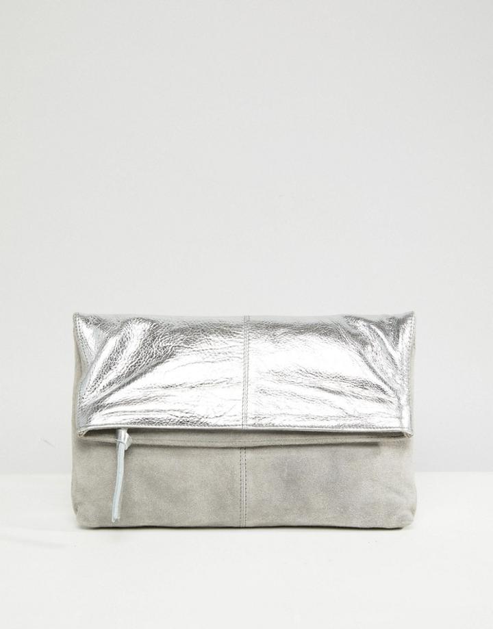 Asos Leather And Suede Foldover Clutch Bag - Silver