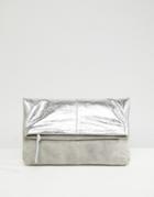 Asos Leather And Suede Foldover Clutch Bag - Silver