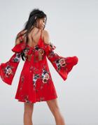 Sisters Of The Tribe Cold Shoulder Long Sleeve Dress In Delicate Floral Print - Red