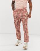 Asos Design Tapered Crop Suit Pants With Elephant Print In Linen Look - Red