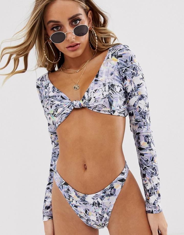 Asos Design Knot Front Long Sleeve Bikini Top In Crystal Print-multi