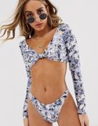 Asos Design Knot Front Long Sleeve Bikini Top In Crystal Print-multi