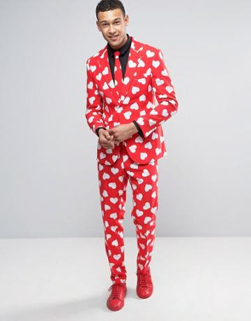 Opposuits Slim Valentines Heart Print Suit + Tie - Red