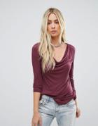 Brave Soul Karl Long Sleeve Drape Front Top - Purple