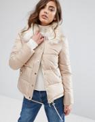 Miss Selfridge Faux Fur Collar Quilted Padded Jacket - Beige