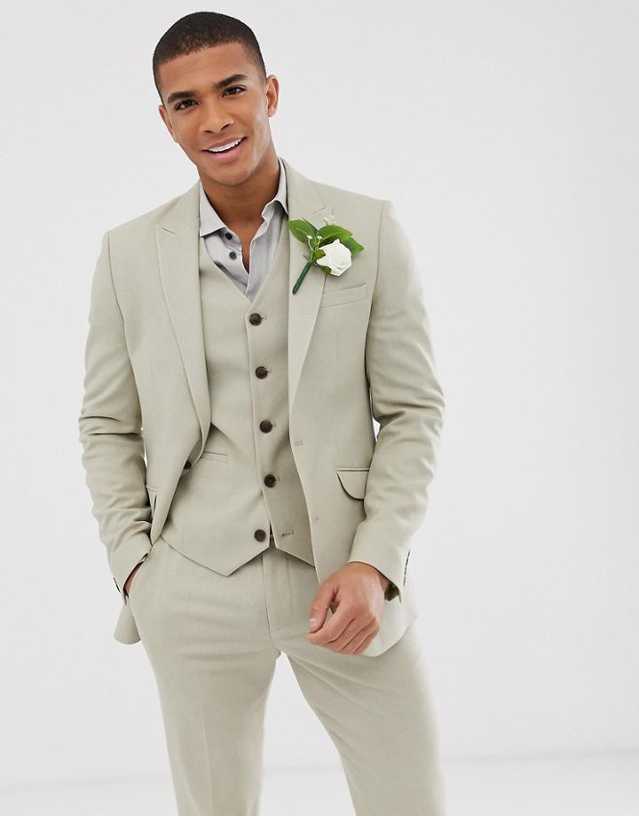 Asos Design Wedding Skinny Suit Jacket In Stone Micro Texture - Stone