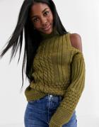 Asos Design Cold Shoulder Cable Sweater-green