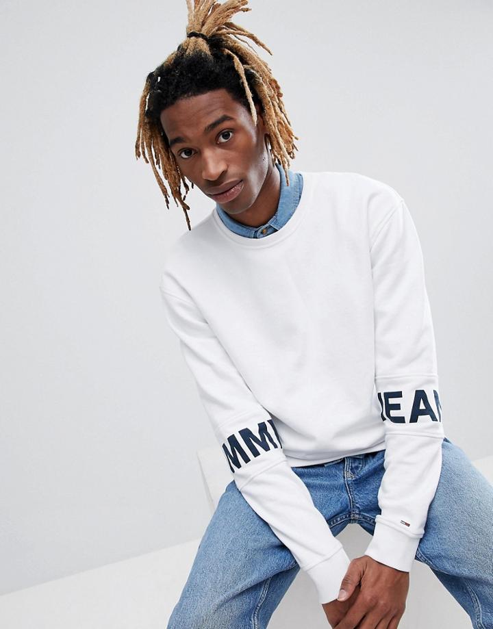 Tommy Jeans Essential Band Sleeve Logo Crewneck Sweatshirt In White - White