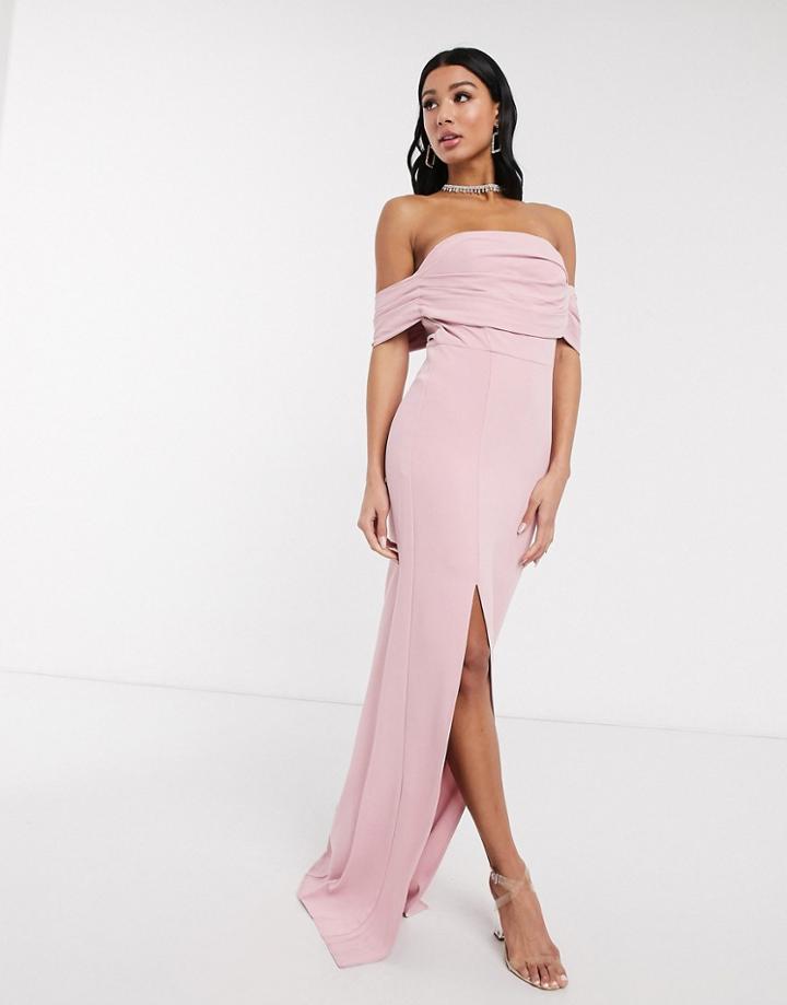Yaura Column Maxi Dress With Pleat Off Shoulder Detail In Blush-pink