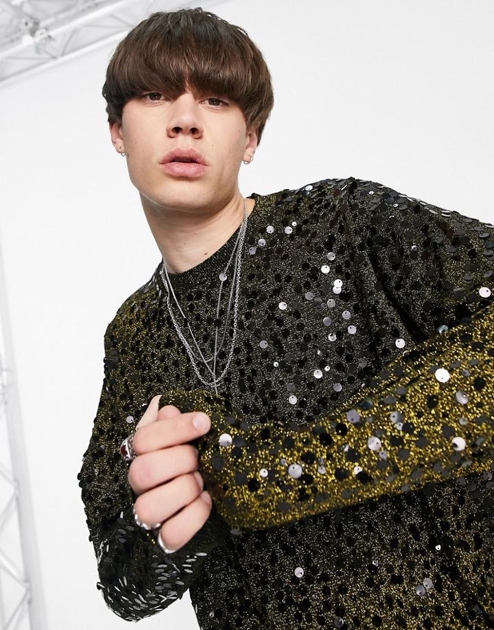 Asos Design Knit Sequin Sweater In Black & Gold Twist Yarn