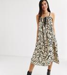 Another Reason Volume Midi Dress With Drawstring Detail In Abstract Print-beige