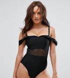 Wolf & Whistle Tailored Off The Shoulder Swimsuit With Mesh Inserts Dd - G Cup - Black