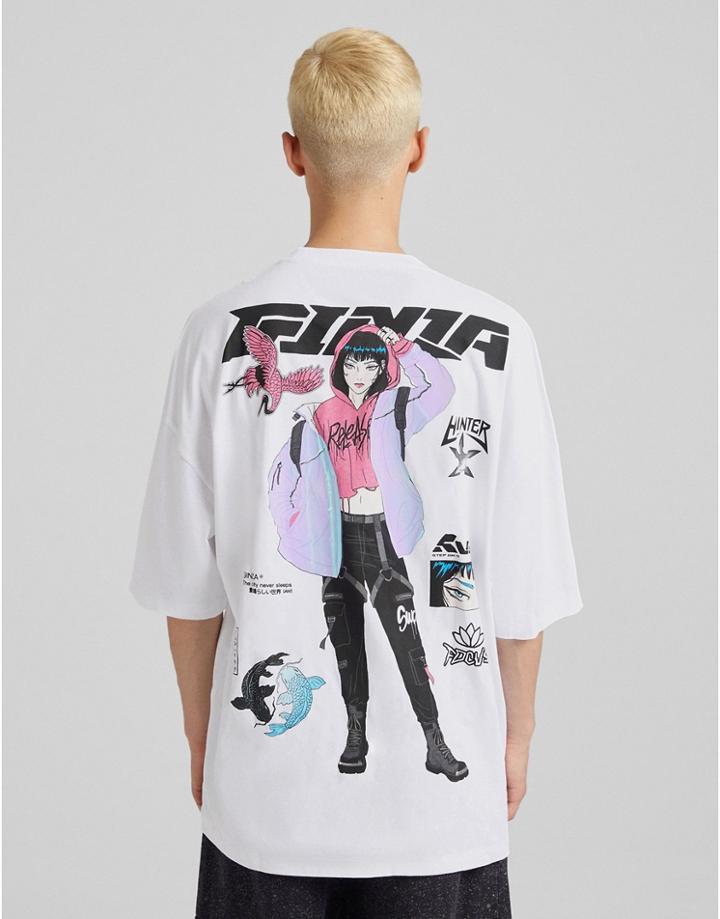 Bershka Anime Oversized T-shirt In White