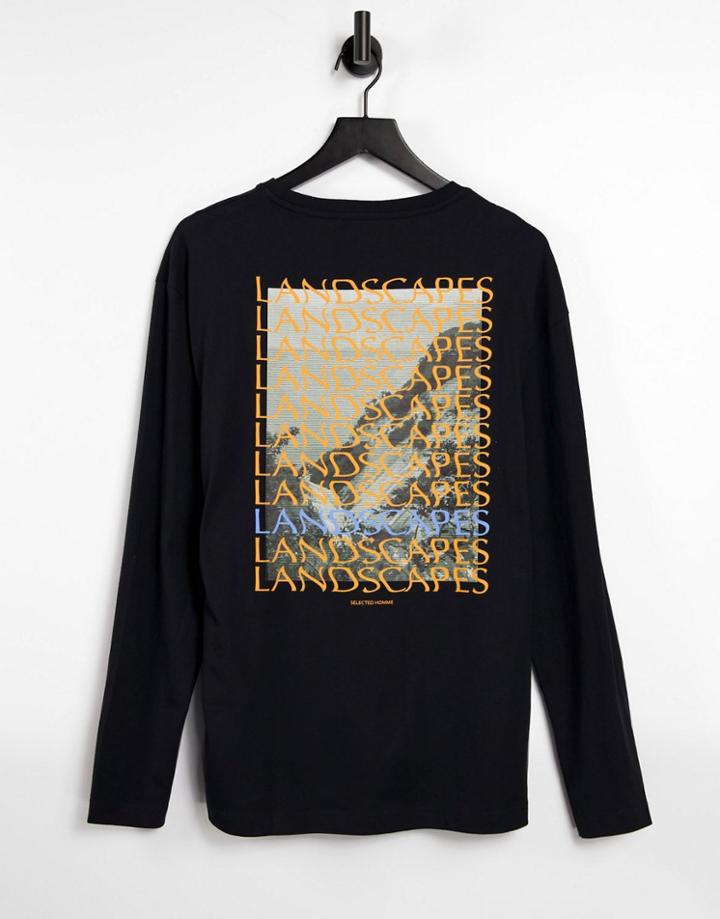 Selected Homme Organic Cotton Long Sleeve Loose Fit T-shirt With Landscape Back Print In Black