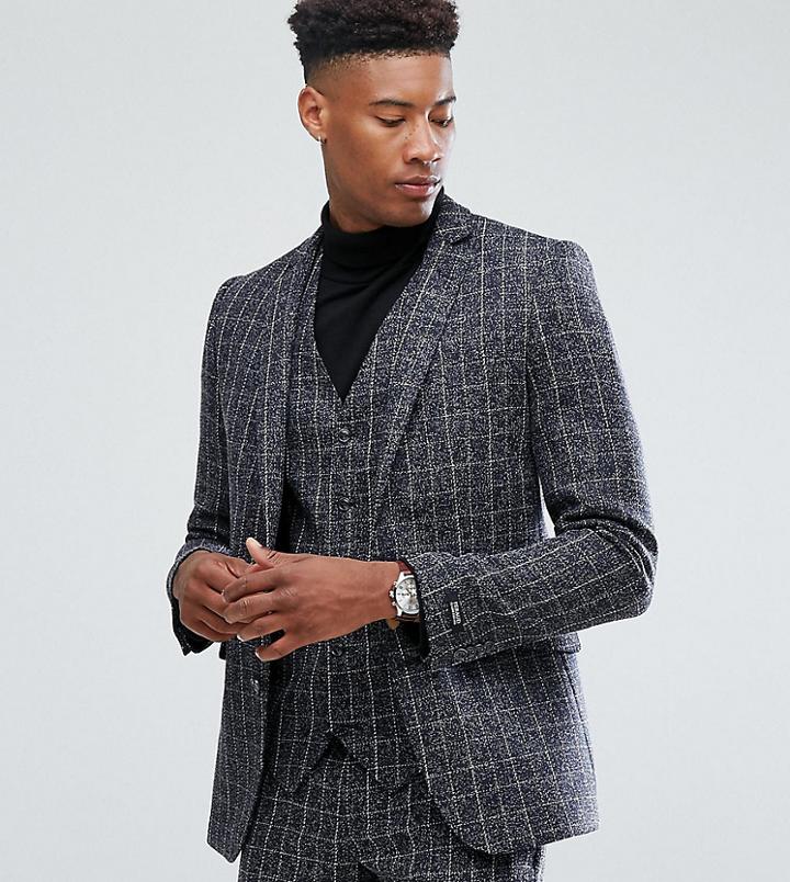 Gianni Feraud Tall Skinny Fit Blue Checked Suit Jacket - Blue