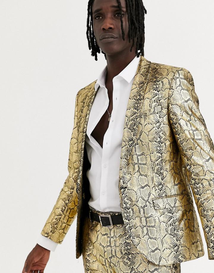 Twisted Tailor Skinny Suit Jacket In Gold Snake Print