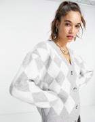 Topshop Knit Tonal Argyle Cardigan In Gray Heather-grey
