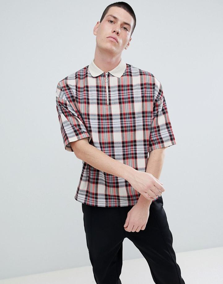 Asos Design Oversized Woven Check Polo With Zip Neck - Brown