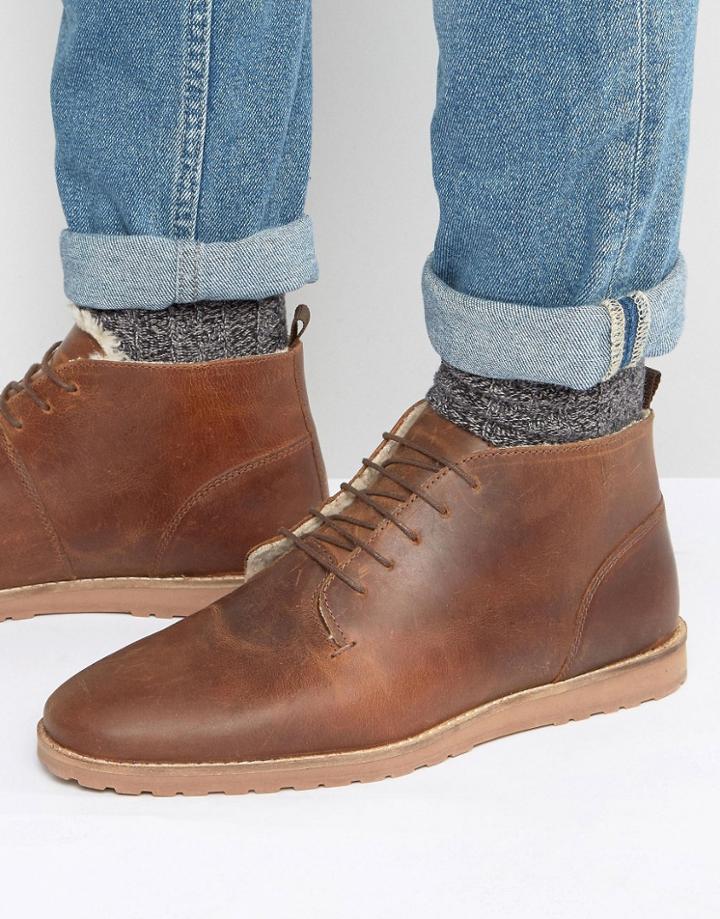 Asos Desert Boots In Tan Leather With Faux Shearling Lining - Tan