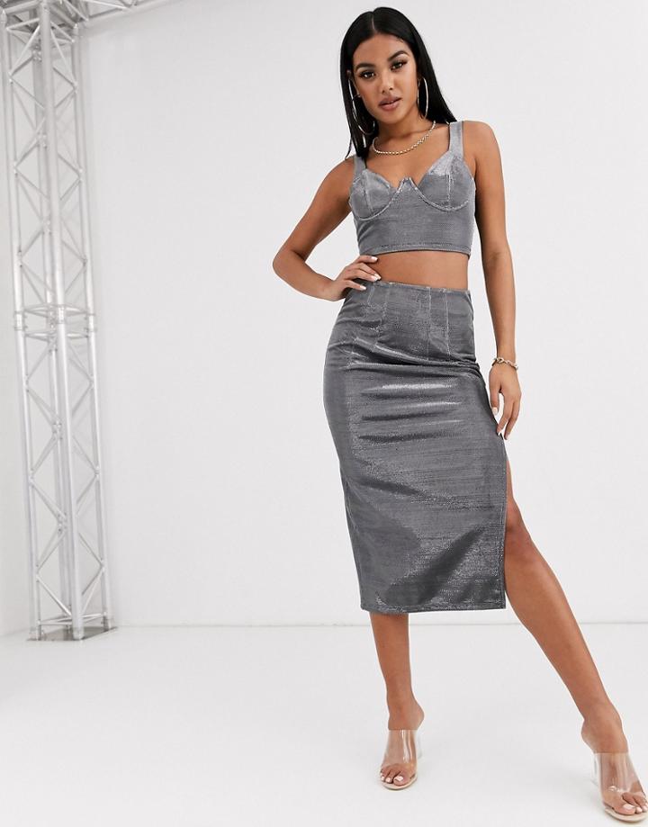 Asos Design Metallic Midi Skirt With Thigh Split Two-piece-silver