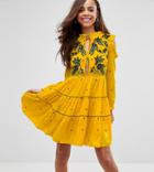 Frock And Frill Petite Cold Shoulder Velvet Smock Dress With Floral Embroidery-yellow