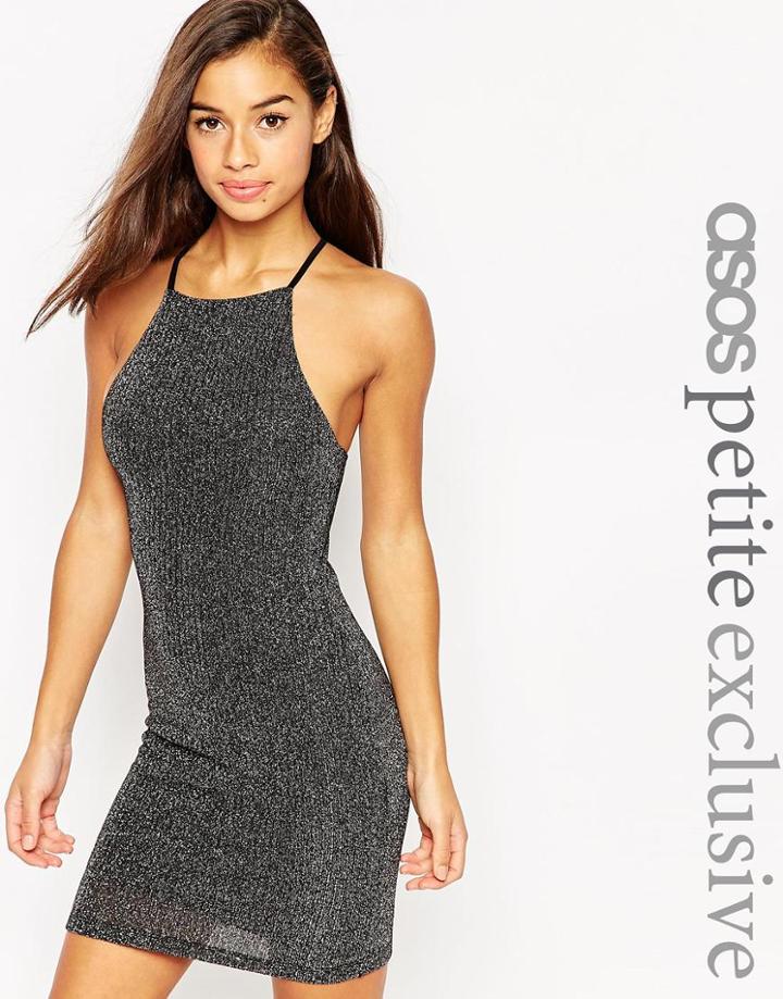 Asos Petite Sparkle Mini Dress In Rib With High Neck & Cross Back - Black