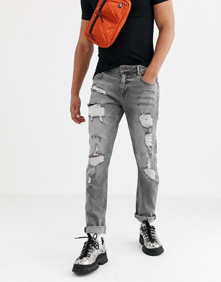 Asos Design Slim Jeans In Washed Gray With Heavy Rips