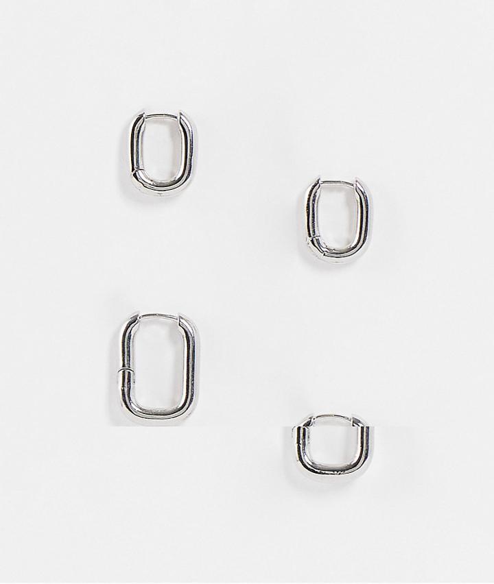 Asos Design Pack Of 2 Hoop Earrings In Oval Hinge In Silver Tone