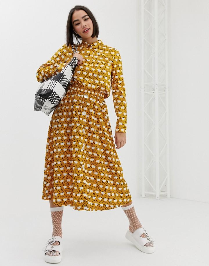 Monki Midi Skirt With Mini Sheep Print In Yellow - Yellow