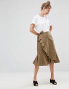 Asos Midi Skirt In Twill With Frill Wrap Detail - Green