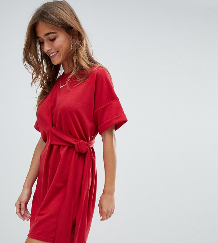 Boohoo Petite Tie Waist T-shirt Dress In Red - Red