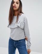 Missguided Frill Front Frayed Edge Sweat Top - Gray