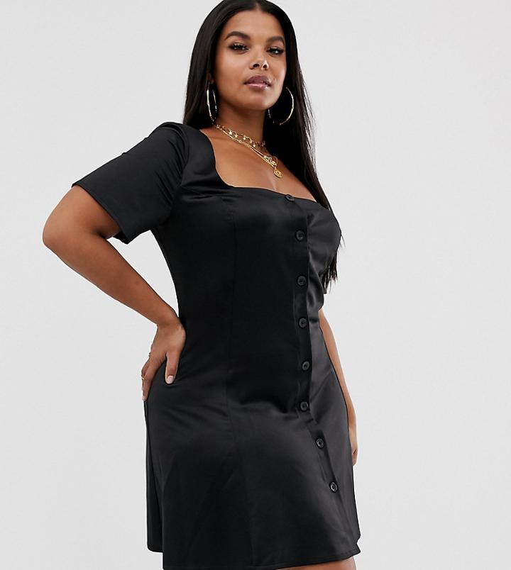 Asos Design Curve Button Through Satin Mini Skater Dress-black