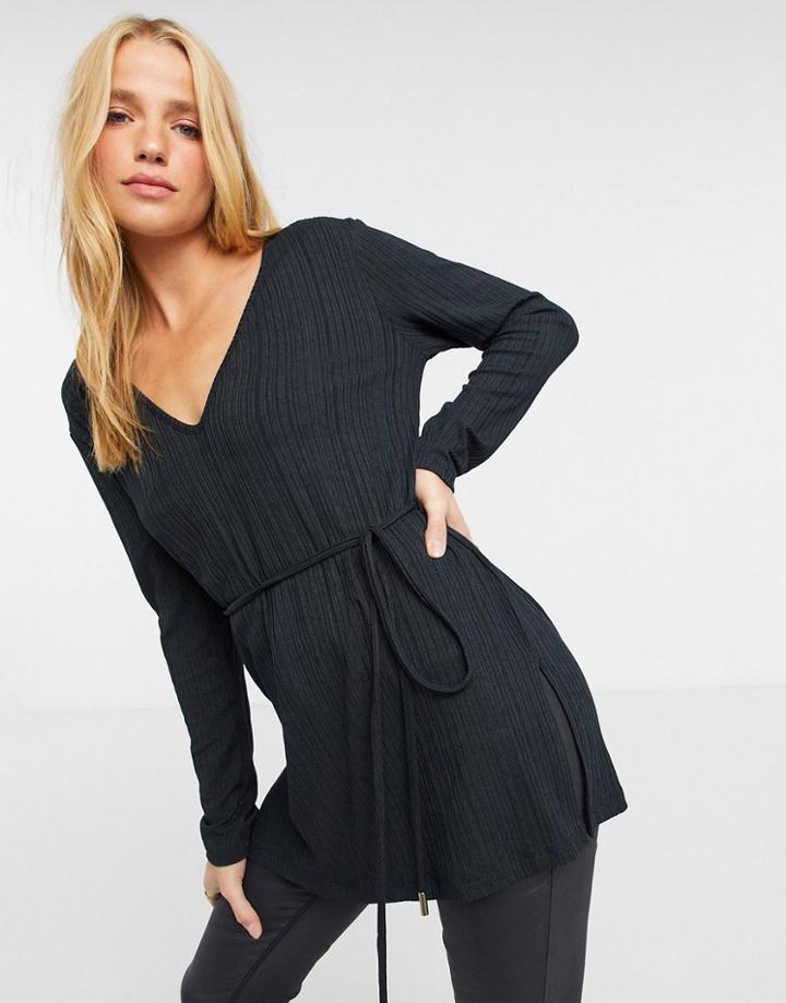 River Island Longline Ribbed Tunic Top In Black