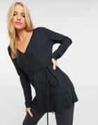 River Island Longline Ribbed Tunic Top In Black