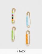 Asos Design Pack Of 4 Mini Single Safety Pin Earrings With Multicolor Beads In Gold Tone
