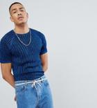 Asos Tall Knitted Metallic Yarn Ribbed T-shirt In Blue - Blue