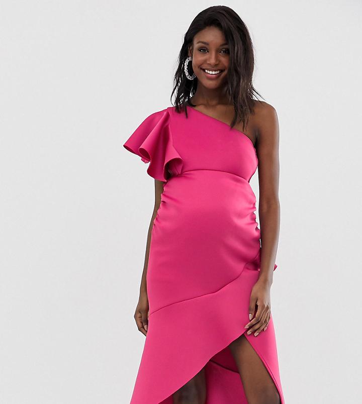 True Violet Maternity One Shoulder Scuba Midi Dress With Frill Hem In Fuchsia-pink