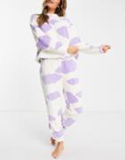 Asos Design Lounge Cuddle Fleece Cloud Sweat & Sweatpants Set In Cream & Purple-white