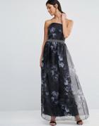 Little Mistress Bandeau Floral Print Maxi Dress With Embellished Waist Detail - Black