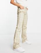 Asos Design Puddle Flare Pants In Sage Check-green