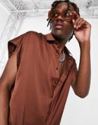 Asos Design Satin Shirt With Cap Sleeve In Brown