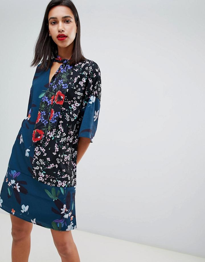 French Connection Celia Patchwork Floral Print Tie Neck Dress-blue