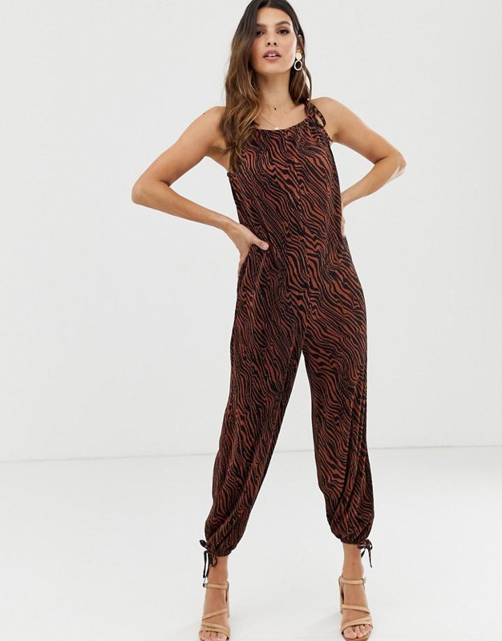 Asos Design Plisse Tie Cuff Balloon Leg Jumpsuit In Zebra Animal Print-multi