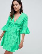 Asos Design Jacquard Wrap Mini Dress With Fluted Sleeve - Green