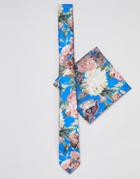 Asos Design Wedding Slim Floral Tie In Blue And Pocket Square - Blue