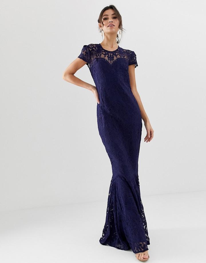 City Goddess All Over Lace Fishtail Capped Sleeve Maxi Dress - Navy