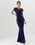 City Goddess All Over Lace Fishtail Capped Sleeve Maxi Dress - Navy