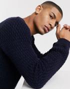 Asos Design Fluffy Sweater With Basket Texture In Navy